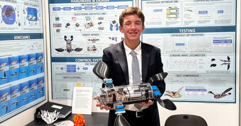 Tiene 15 años y construyó una tortuga robótica con IA que detecta contaminación bajo el agua con un 96% de precisión