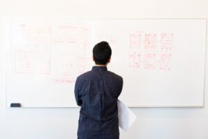 Un arquitecto de software planificando la estructura de un sistema mediante diagramas y flujos de navegación en una pizarra blanca.