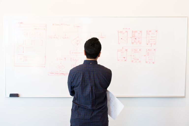 Un arquitecto de software planificando la estructura de un sistema mediante diagramas y flujos de navegación en una pizarra blanca.