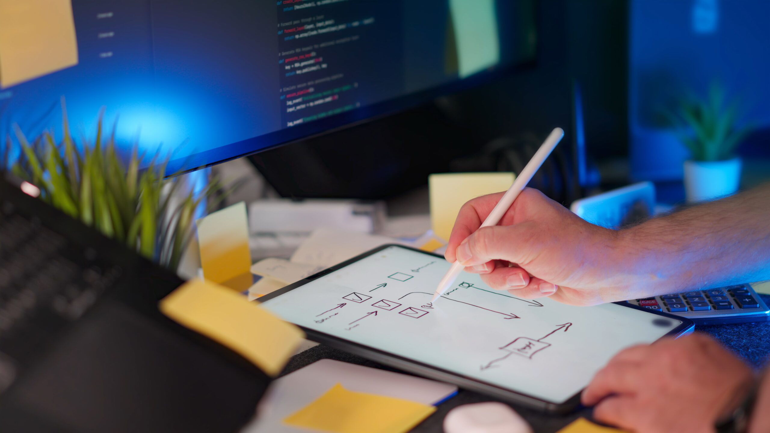 Diseño de arquitectura de software utilizando una tableta digital para crear diagramas de flujo junto a un monitor con código de programación. Diseño de arquitectura de software utilizando una tableta digital para crear diagramas de flujo junto a un monitor con código de programación.