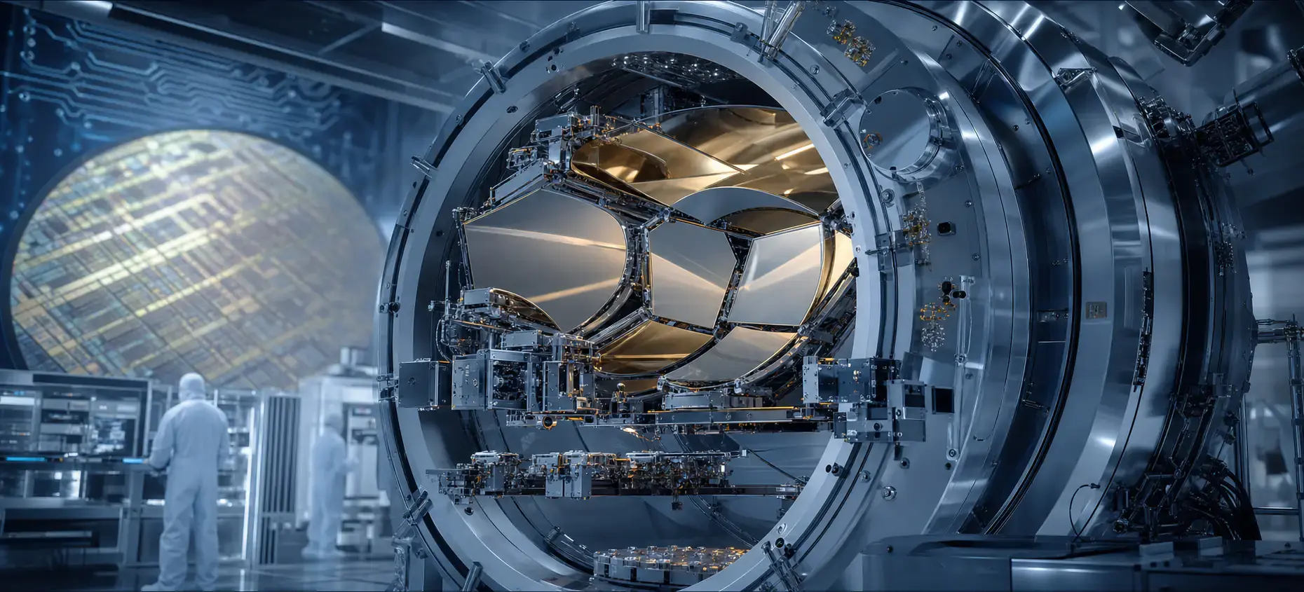 FabricaciĂłn de chips Trabajadores en una sala limpia de semiconductores