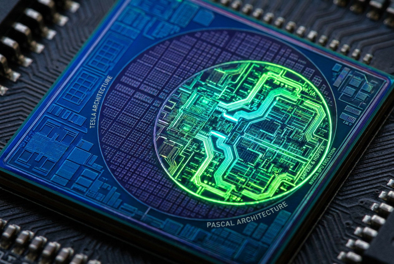 Hyper-detailed macro visualization of an NVIDIA GPU die illustrating the evolution of architectures from Tesla to Blackwell. Hyper-detailed macro visualization of an NVIDIA GPU die illustrating the evolution of architectures from Tesla to Blackwell.