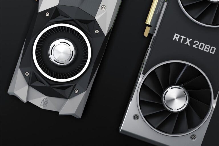 Two NVIDIA graphics cards, including an RTX 2080, showcasing high-performance hardware design.