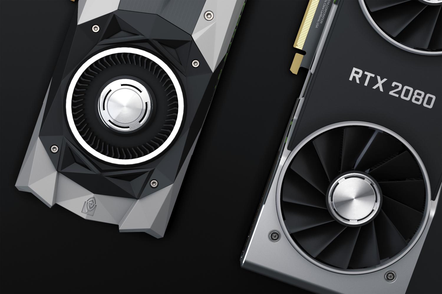 Two NVIDIA graphics cards, including an RTX 2080, showcasing high-performance hardware design. Two NVIDIA graphics cards, including an RTX 2080, showcasing high-performance hardware design.