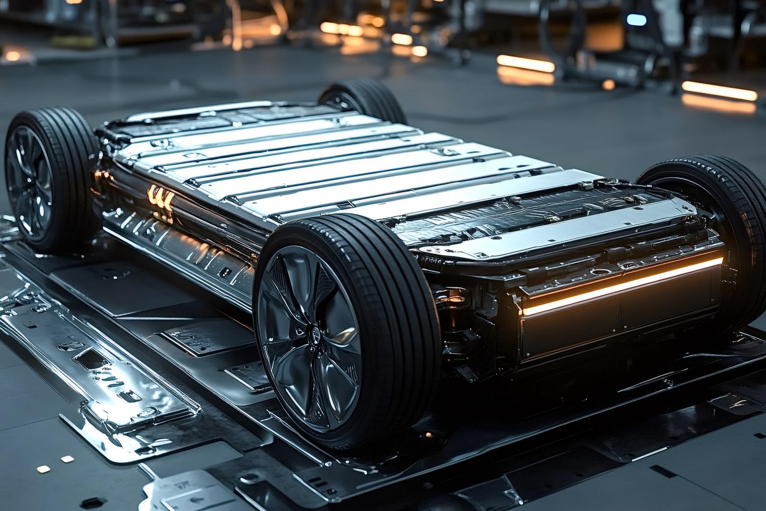 Chasis de vehículo eléctrico en una planta de ensamblaje moderna, ilustrando la inversión en infraestructura para baterías LMR. Chasis de vehículo eléctrico en una planta de ensamblaje moderna, ilustrando la inversión en infraestructura para baterías LMR.