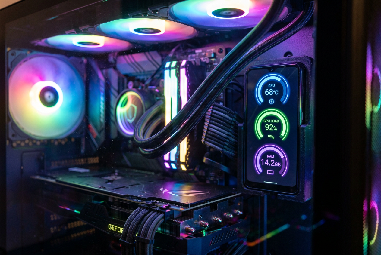 Smartphone integrado dentro de la caja de un PC gaming como panel de monitorización de temperatura y rendimiento del hardware. Smartphone integrado dentro de la caja de un PC gaming como panel de monitorización de temperatura y rendimiento del hardware.