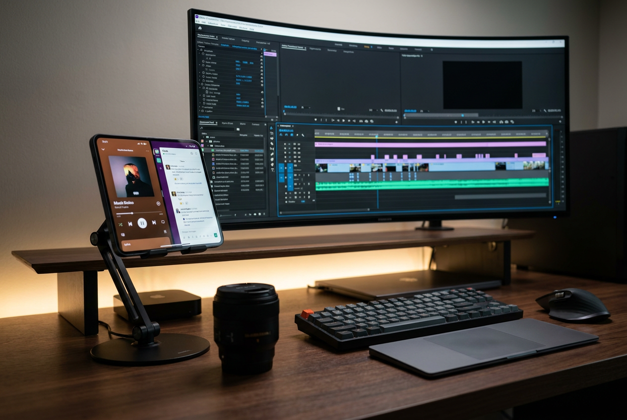 Smartphone utilizado como segundo monitor junto a la pantalla principal de un PC en un escritorio profesional. Smartphone utilizado como segundo monitor junto a la pantalla principal de un PC en un escritorio profesional.