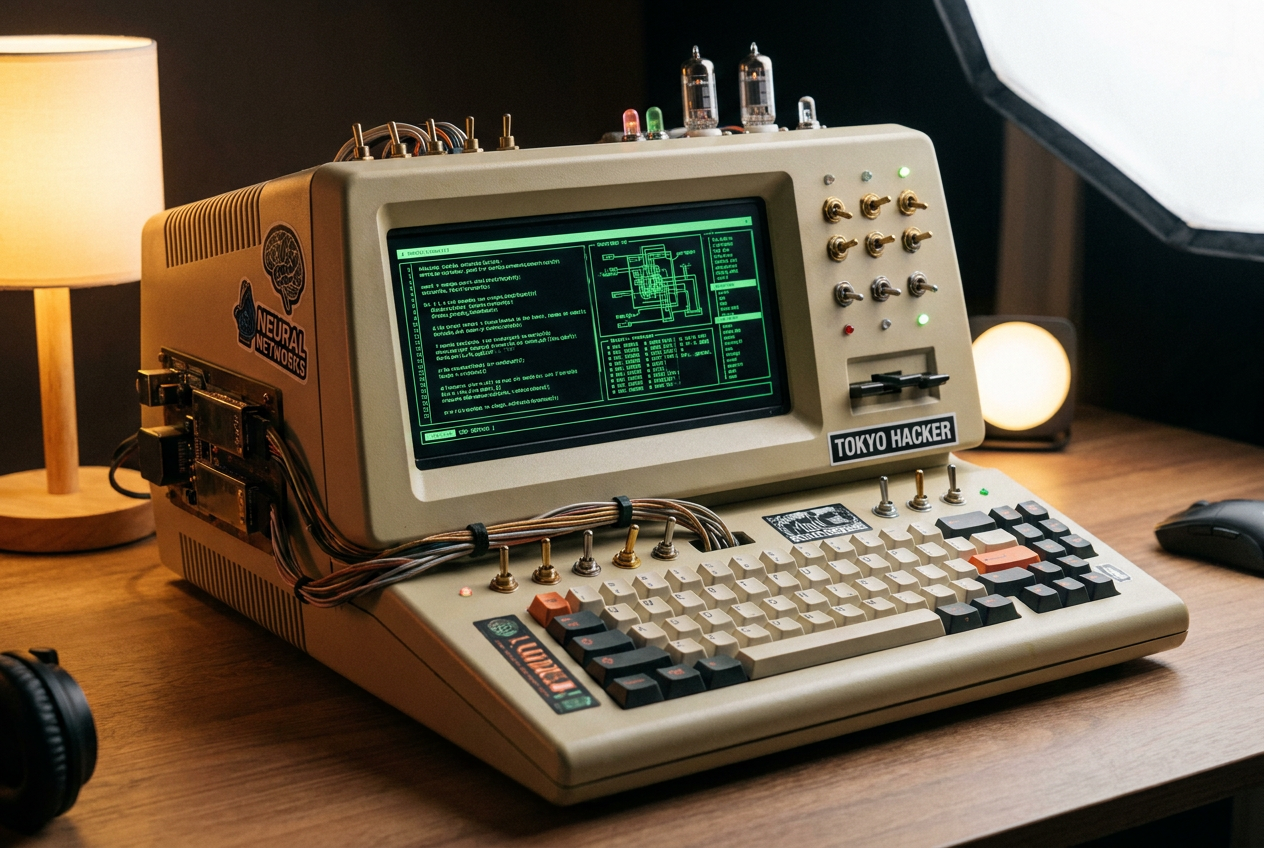 Cyberdeck de estilo retro-futurista basado en una carcasa de ordenador de los años 80 modificada con hardware moderno. Cyberdeck de estilo retro-futurista basado en una carcasa de ordenador de los años 80 modificada con hardware moderno.