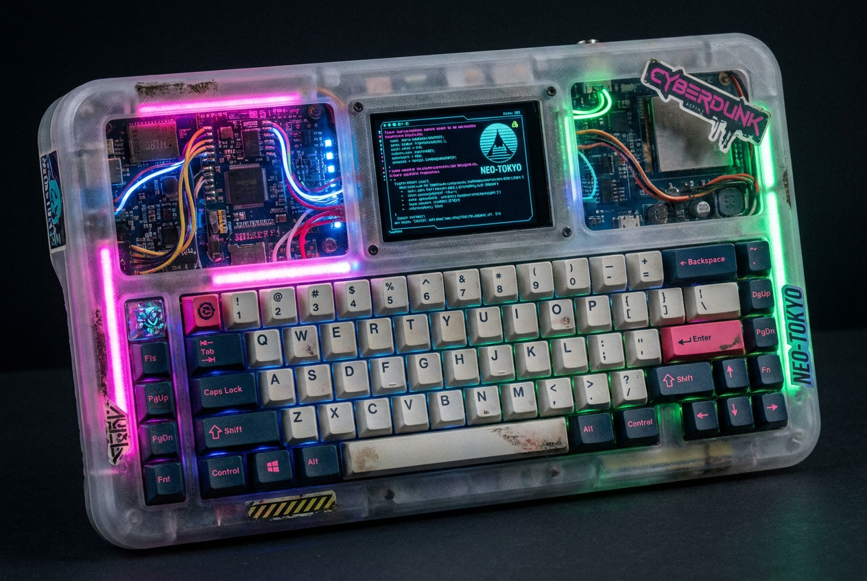 Cyberdeck portátil compacto con carcasa impresa en 3D y teclado mecánico integrado. Cyberdeck portátil compacto con carcasa impresa en 3D y teclado mecánico integrado.