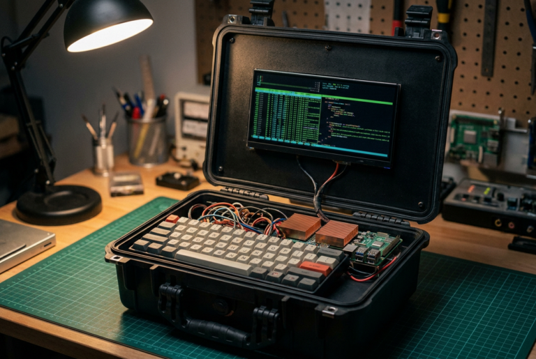 Cyberdeck construido en un maletín táctico resistente con pantalla ultra-ancha y teclado mecánico, estilo informática de guerrilla.