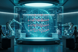 Representación futurista de una estructura molecular de un electrodo de baterĆa analizada por inteligencia artificial en un laboratorio con pantallas hologrĆ”ficas y datos digitales.