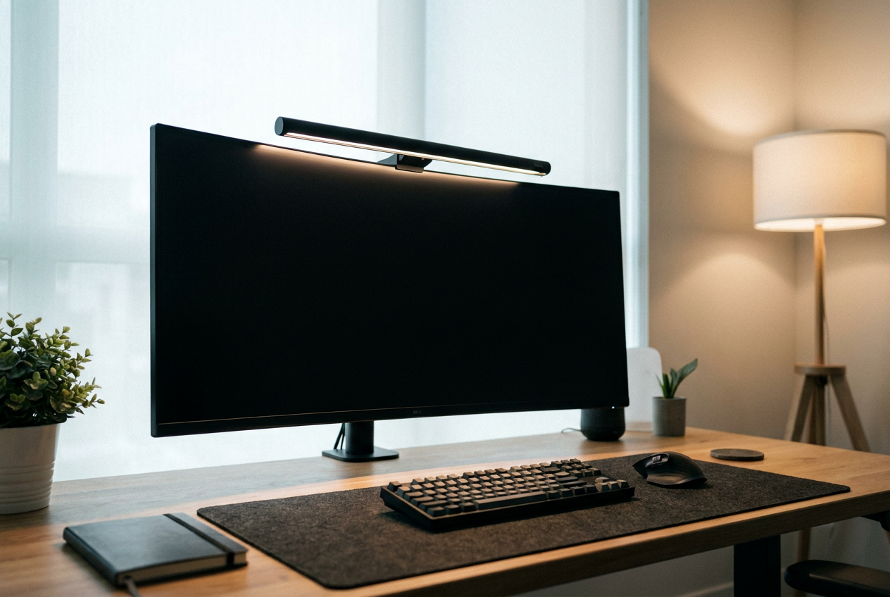 Barra de luz LED asimétrica instalada sobre un monitor, iluminando el escritorio sin generar reflejos en la pantalla. Barra de luz LED asimétrica instalada sobre un monitor, iluminando el escritorio sin generar reflejos en la pantalla.