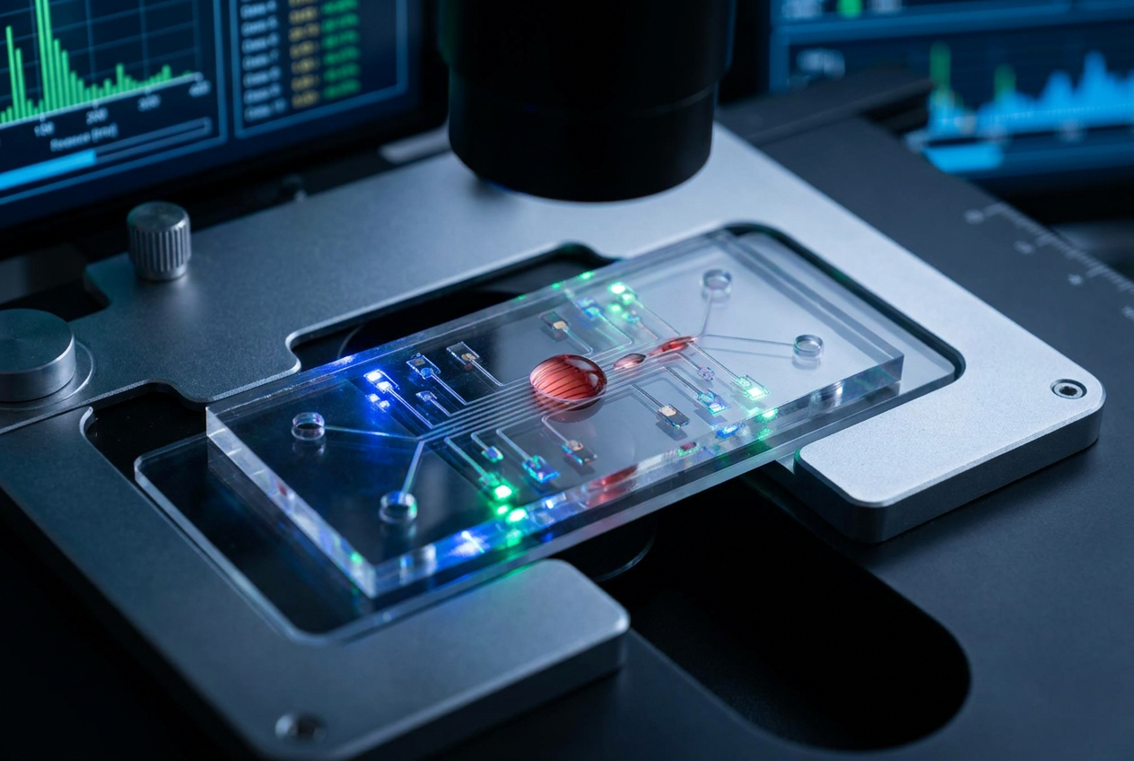 Chip microfluídico de alta tecnología analizando fluidos biológicos para la detección temprana de patologías. Chip microfluídico de alta tecnología analizando fluidos biológicos para la detección temprana de patologías.