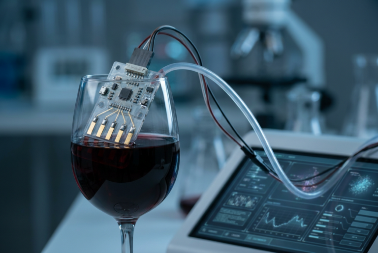 Representación de una lengua electrónica con sensores avanzados analizando una muestra de vino tinto en un laboratorio.