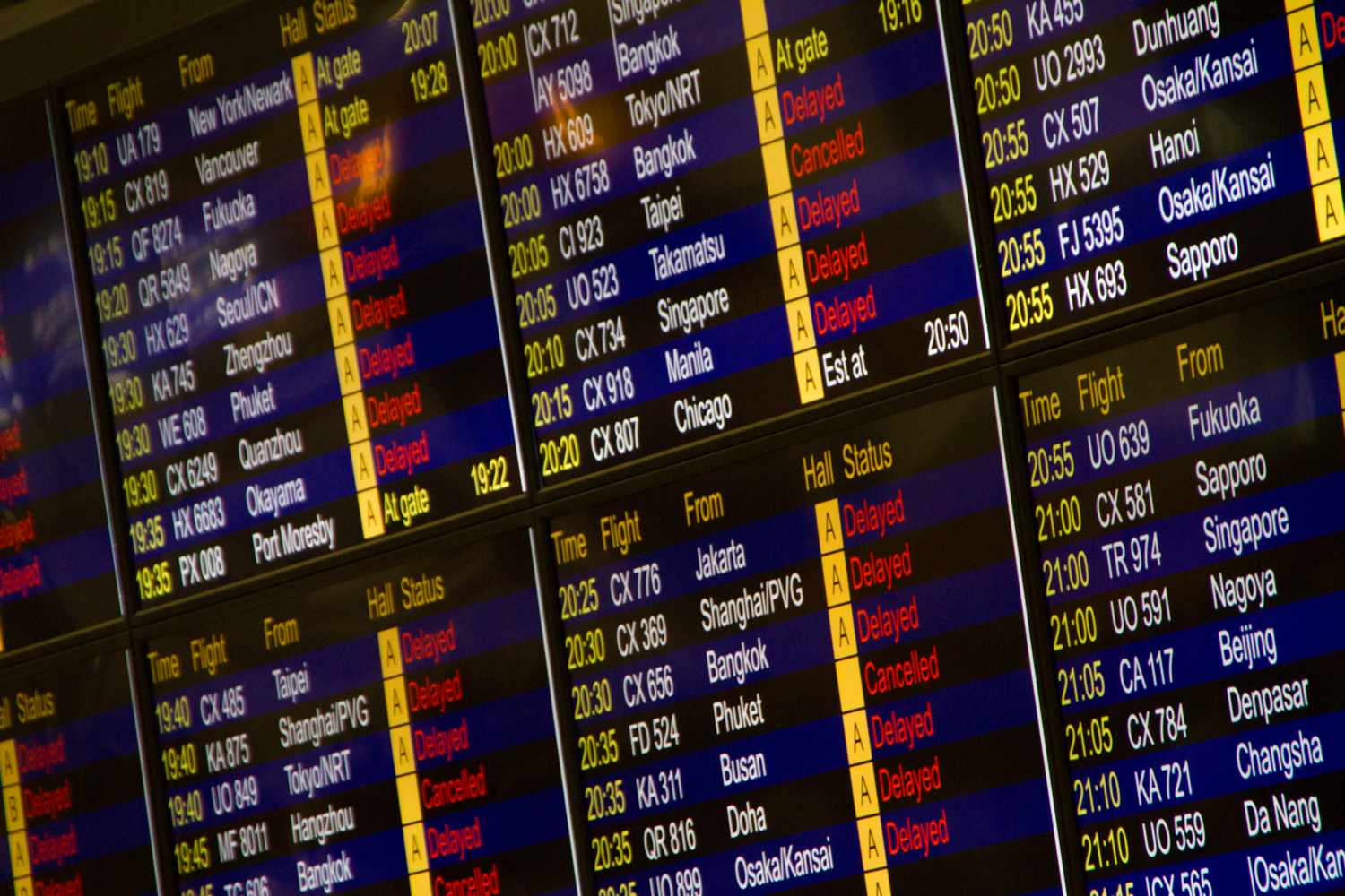Pantalla digital de información de vuelos en un aeropuerto, como representación genérica de un panel de seguimiento. Pantalla digital de información de vuelos en un aeropuerto, como representación genérica de un panel de seguimiento.