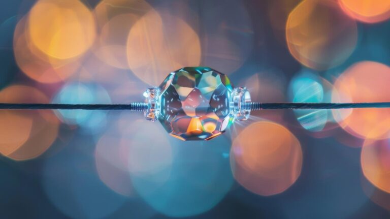 Primer plano de un cristal piezoeléctrico suspendido entre electrodos, representando la estructura de un sensor nanoscópico.