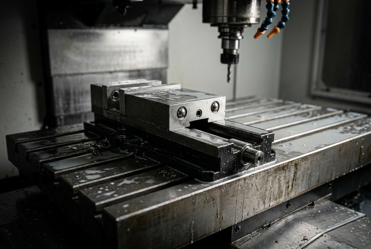Primer plano de un sistema de sujeción de punto cero en una mesa de fresadora CNC industrial, mostrando la precisión del anclaje metálico. Primer plano de un sistema de sujeción de punto cero en una mesa de fresadora CNC industrial, mostrando la precisión del anclaje metálico.