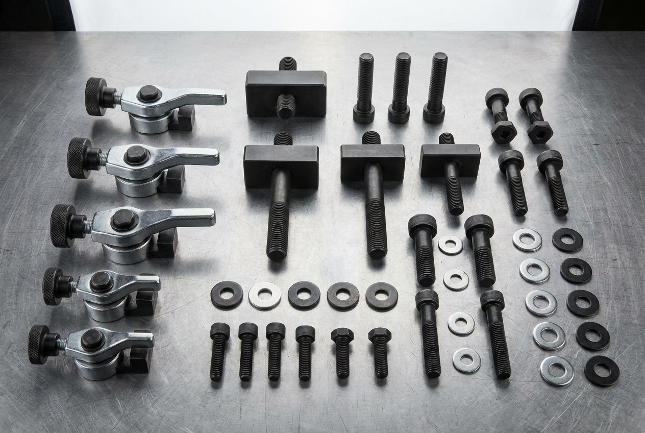 Conjunto de herramientas de sujeción modular industrial: tensores excéntricos, escuadras de apriete y pernos sobre fondo de acero. Conjunto de herramientas de sujeción modular industrial: tensores excéntricos, escuadras de apriete y pernos sobre fondo de acero.