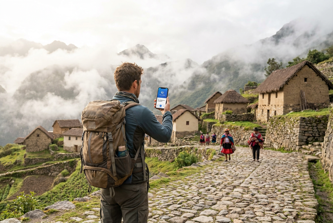 Viajero con mochila en un pueblo remoto de los Andes utilizando un traductor offline en su smartphone Viajero con mochila en un pueblo remoto de los Andes utilizando un traductor offline en su smartphone