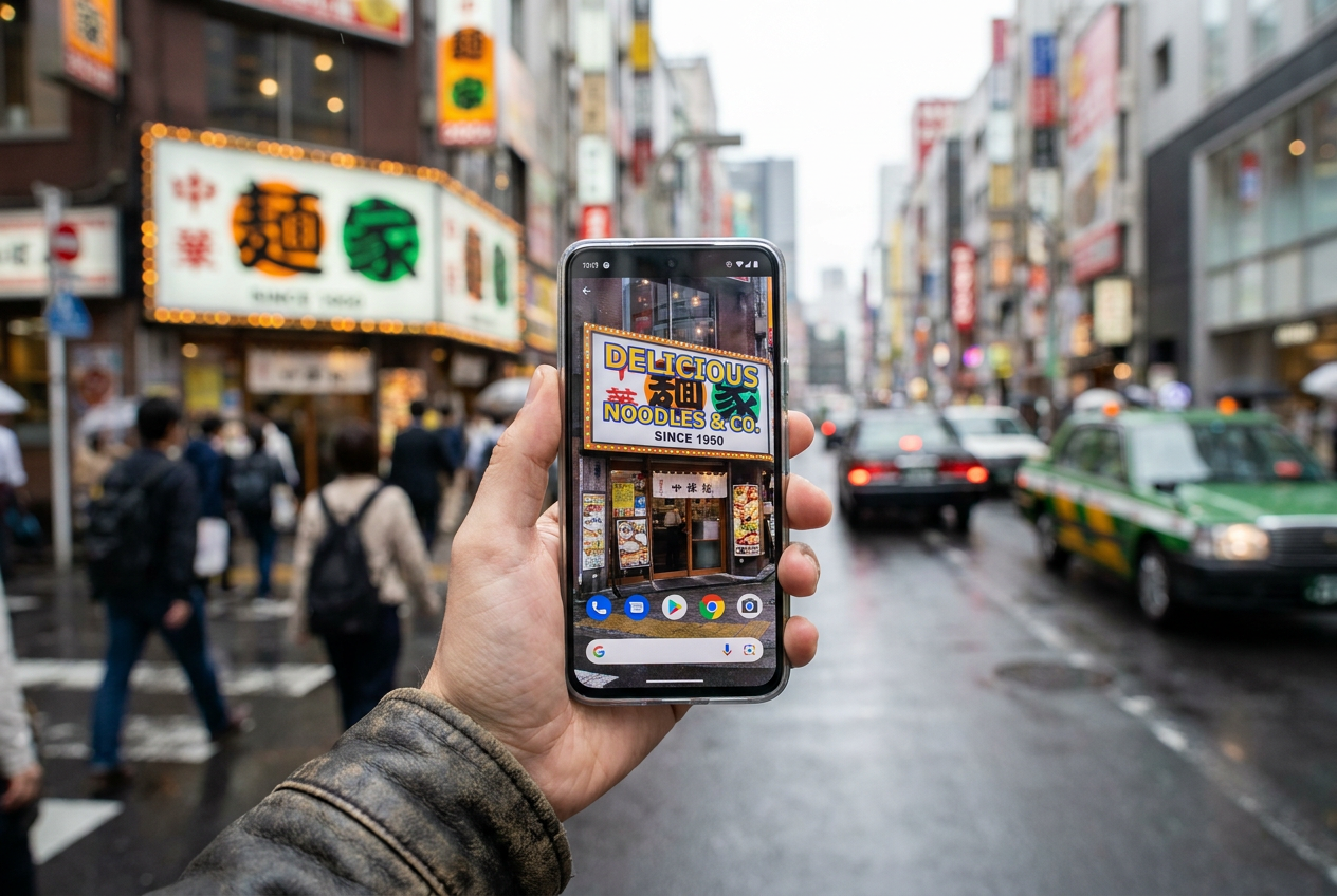 Smartphone realizando una traducción visual en tiempo real de un cartel en japonés en una calle de Tokio usando realidad aumentada Smartphone realizando una traducción visual en tiempo real de un cartel en japonés en una calle de Tokio usando realidad aumentada