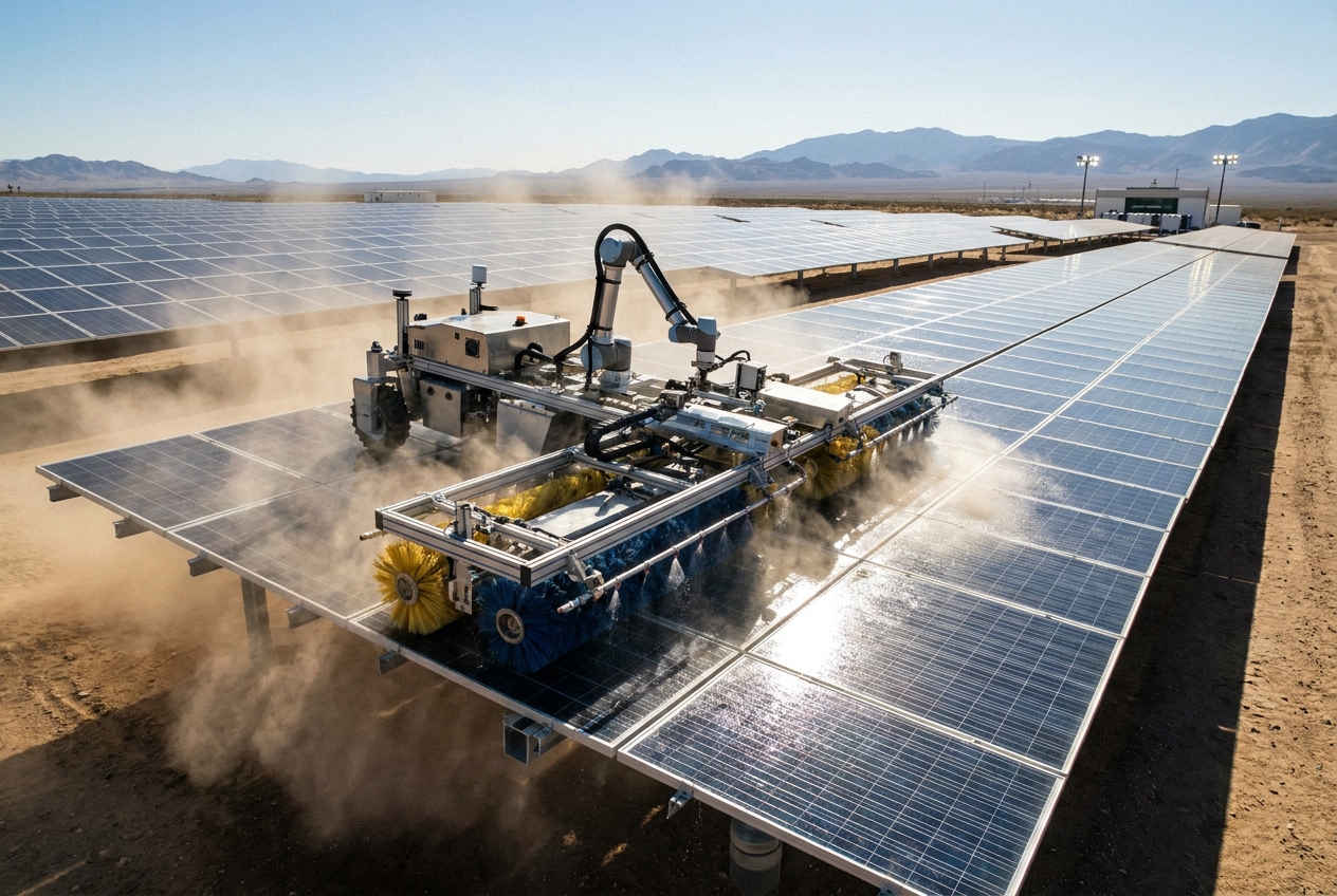 Robot autónomo de limpieza operando en un parque solar masivo, eliminando el polvo de los paneles mediante un sistema de cepillos rotatorios. Robot autónomo de limpieza operando en un parque solar masivo, eliminando el polvo de los paneles mediante un sistema de cepillos rotatorios.