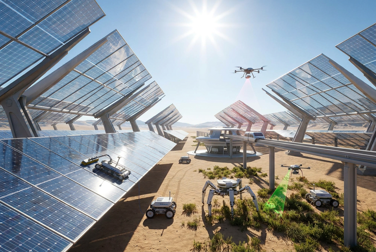 Visión futurista de un parque solar totalmente automatizado con diversos robots de limpieza, inspección y mantenimiento trabajando en armonía. Visión futurista de un parque solar totalmente automatizado con diversos robots de limpieza, inspección y mantenimiento trabajando en armonía.