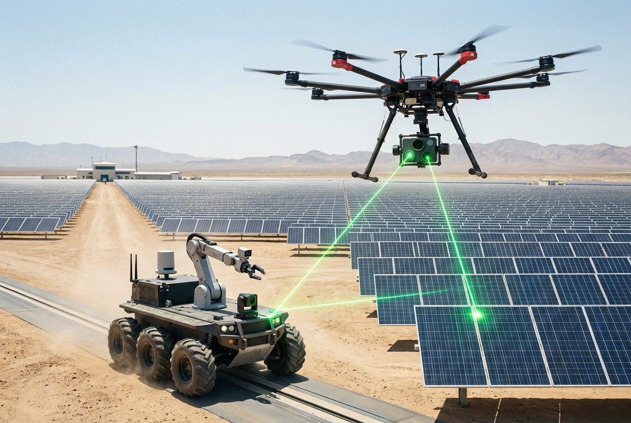 Sistema coordinado de mantenimiento con un dron de alta tecnología y un robot terrestre escaneando simultáneamente paneles solares. Sistema coordinado de mantenimiento con un dron de alta tecnología y un robot terrestre escaneando simultáneamente paneles solares.
