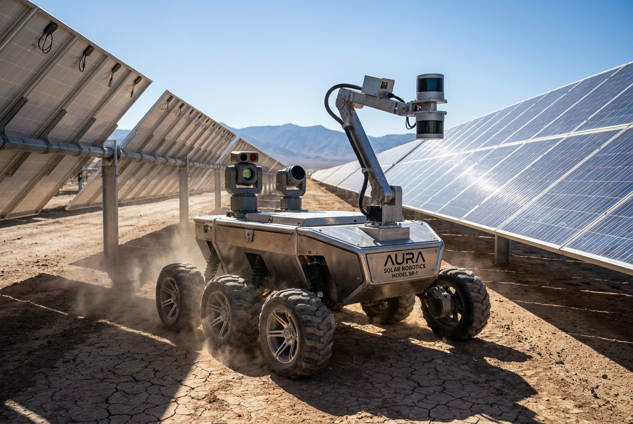 Robot autónomo de inspección tipo rover moviéndose entre filas de paneles solares equipado con cámaras térmicas y sensores ópticos. Robot autónomo de inspección tipo rover moviéndose entre filas de paneles solares equipado con cámaras térmicas y sensores ópticos.