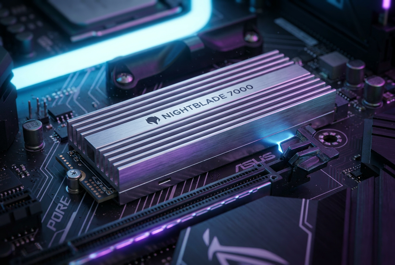 Primer plano de un SSD NVMe PCIe 4.0 con un disipador de aluminio de alto rendimiento instalado en una placa base moderna. Primer plano de un SSD NVMe PCIe 4.0 con un disipador de aluminio de alto rendimiento instalado en una placa base moderna.