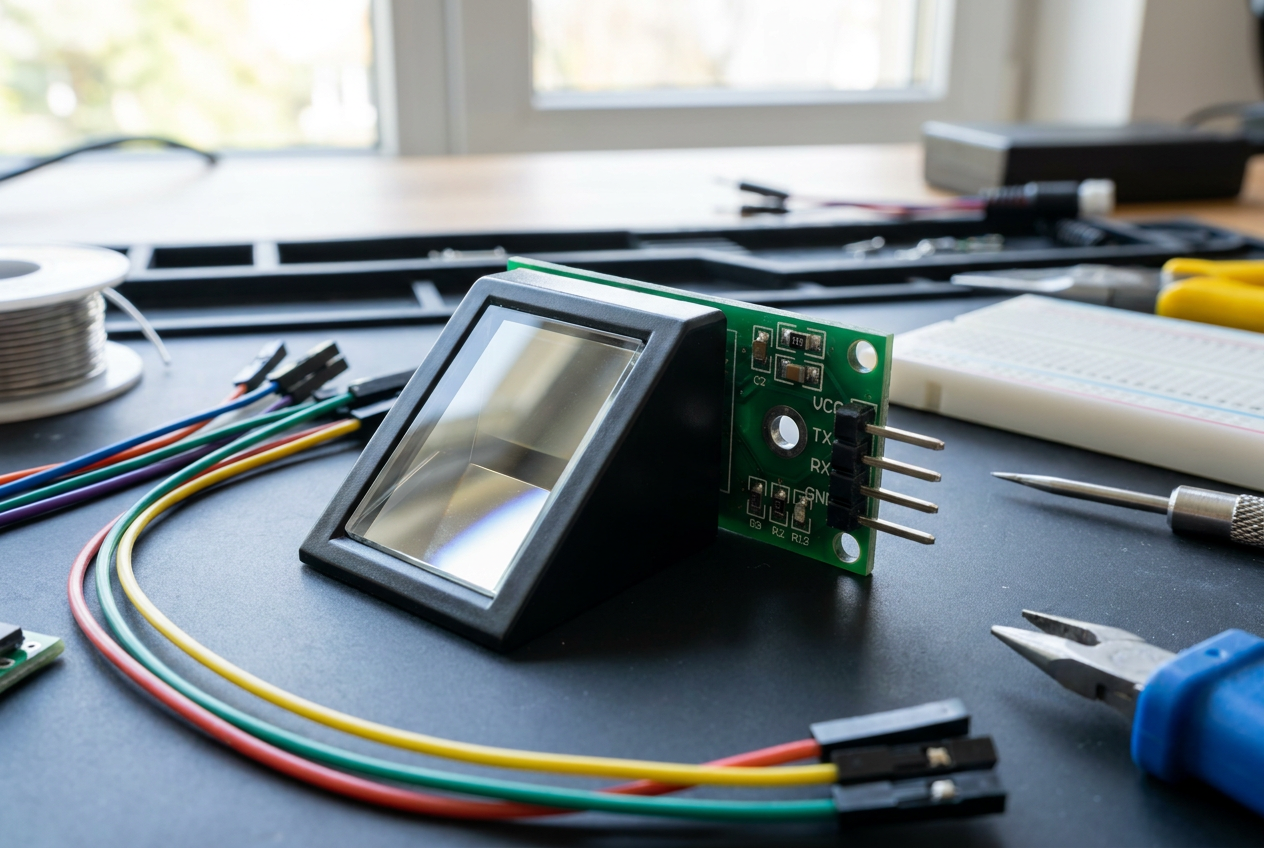 Primer plano macro de un sensor de huellas dactilares óptico sobre una mesa de trabajo electrónica, destacando el prisma de cristal y los pines de conexión UART. Primer plano macro de un sensor de huellas dactilares óptico sobre una mesa de trabajo electrónica, destacando el prisma de cristal y los pines de conexión UART.