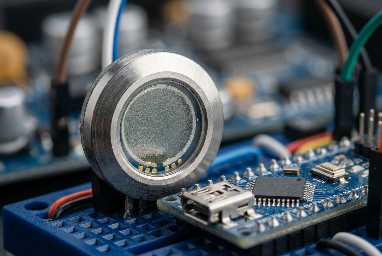 Sensor de huellas dactilares capacitivo circular de alta precisión conectado a una protoboard junto a un microcontrolador Arduino. Sensor de huellas dactilares capacitivo circular de alta precisión conectado a una protoboard junto a un microcontrolador Arduino.