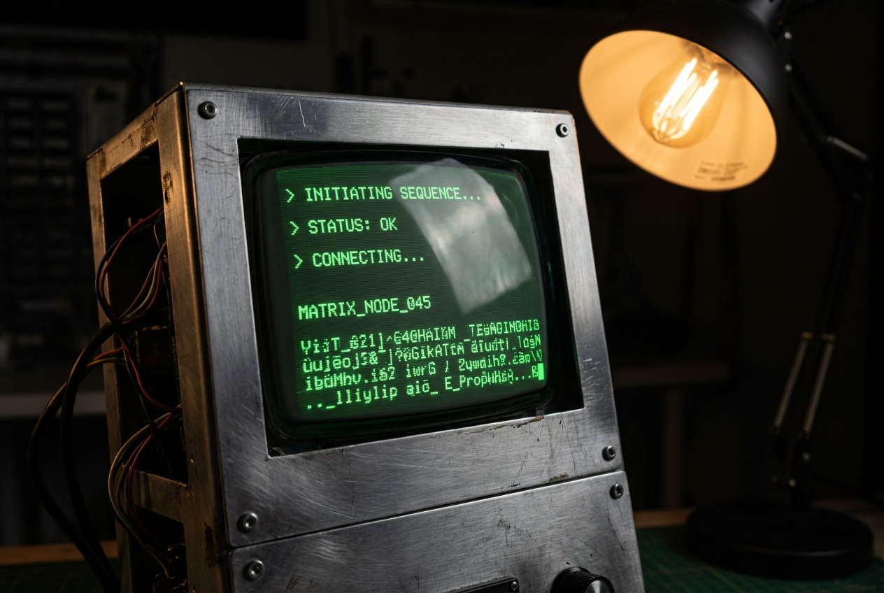 Interfaz de línea de comandos retro-futurista con texto verde fósforo en pantalla de cyberdeck Interfaz de línea de comandos retro-futurista con texto verde fósforo en pantalla de cyberdeck