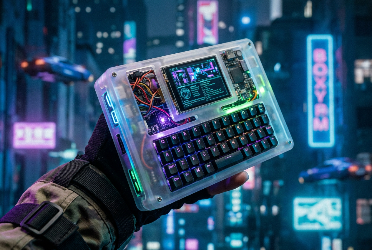 Cyberdeck portátil de formato handheld con chasis impreso en 3D y estética cyberpunk Cyberdeck portátil de formato handheld con chasis impreso en 3D y estética cyberpunk