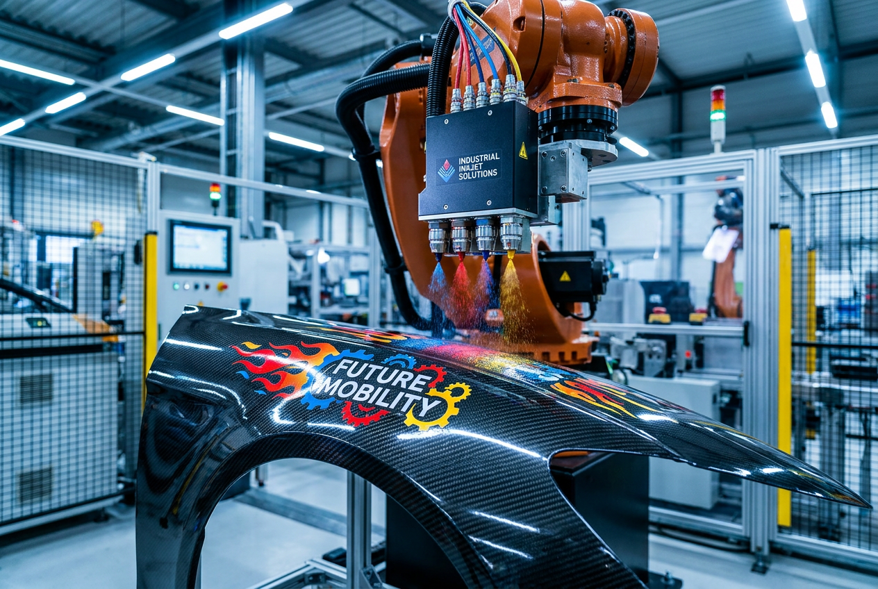 Impresión direct-to-shape sobre piezas 3D Primer plano de un brazo robótico industrial aplicando una impresión detallada y colorida sobre una pieza automotriz curva, ilustrando la tecnologÃa de impresión direct-to-shape.
