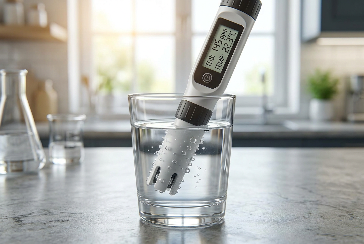 Sonda digital de análisis de calidad del agua midiendo los TDS en un vaso de agua cristalina. Sonda digital de análisis de calidad del agua midiendo los TDS en un vaso de agua cristalina.