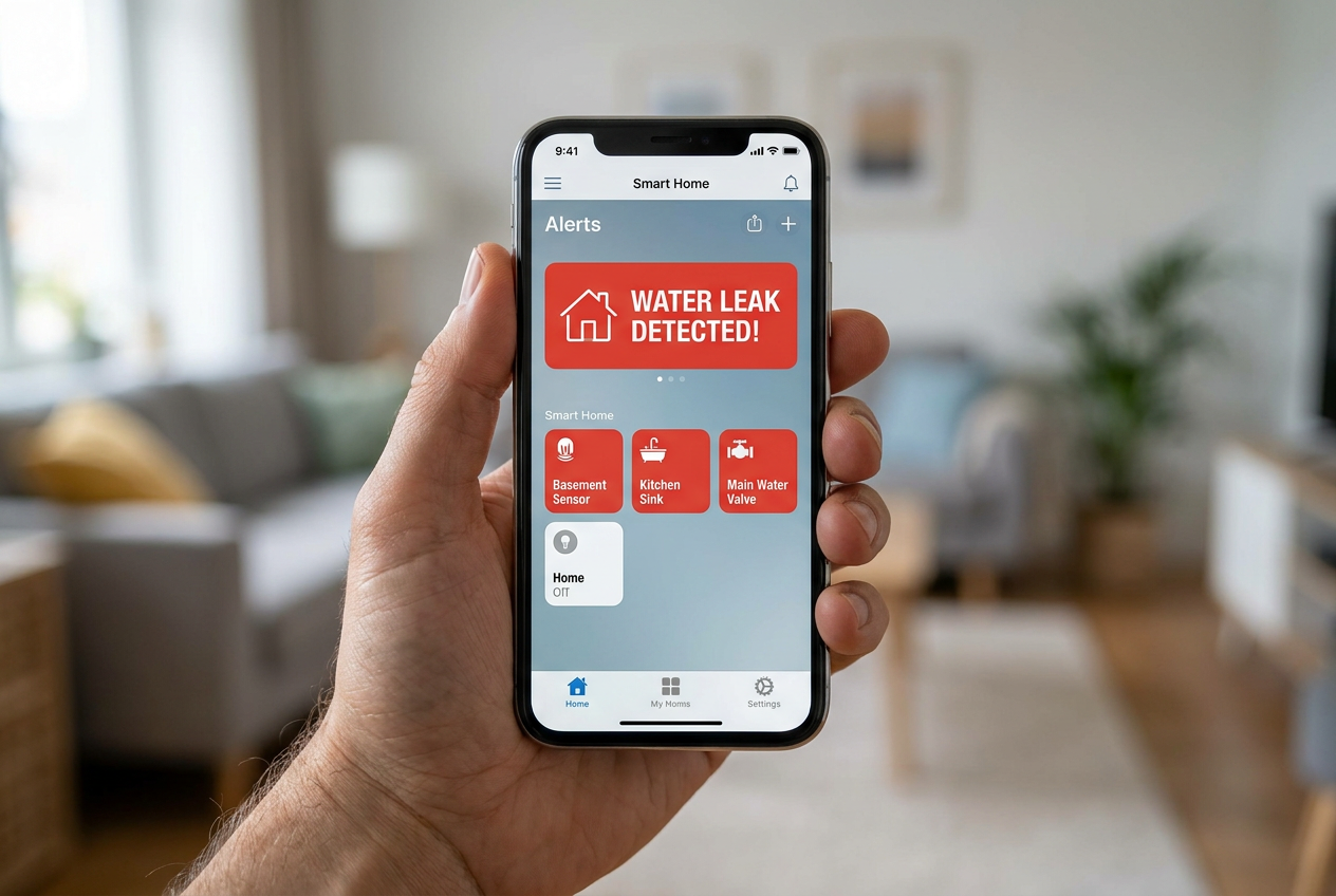 Notificación de alerta de inundación 'Water Leak Detected!' en la pantalla de un smartphone. Notificación de alerta de inundación 'Water Leak Detected!' en la pantalla de un smartphone.